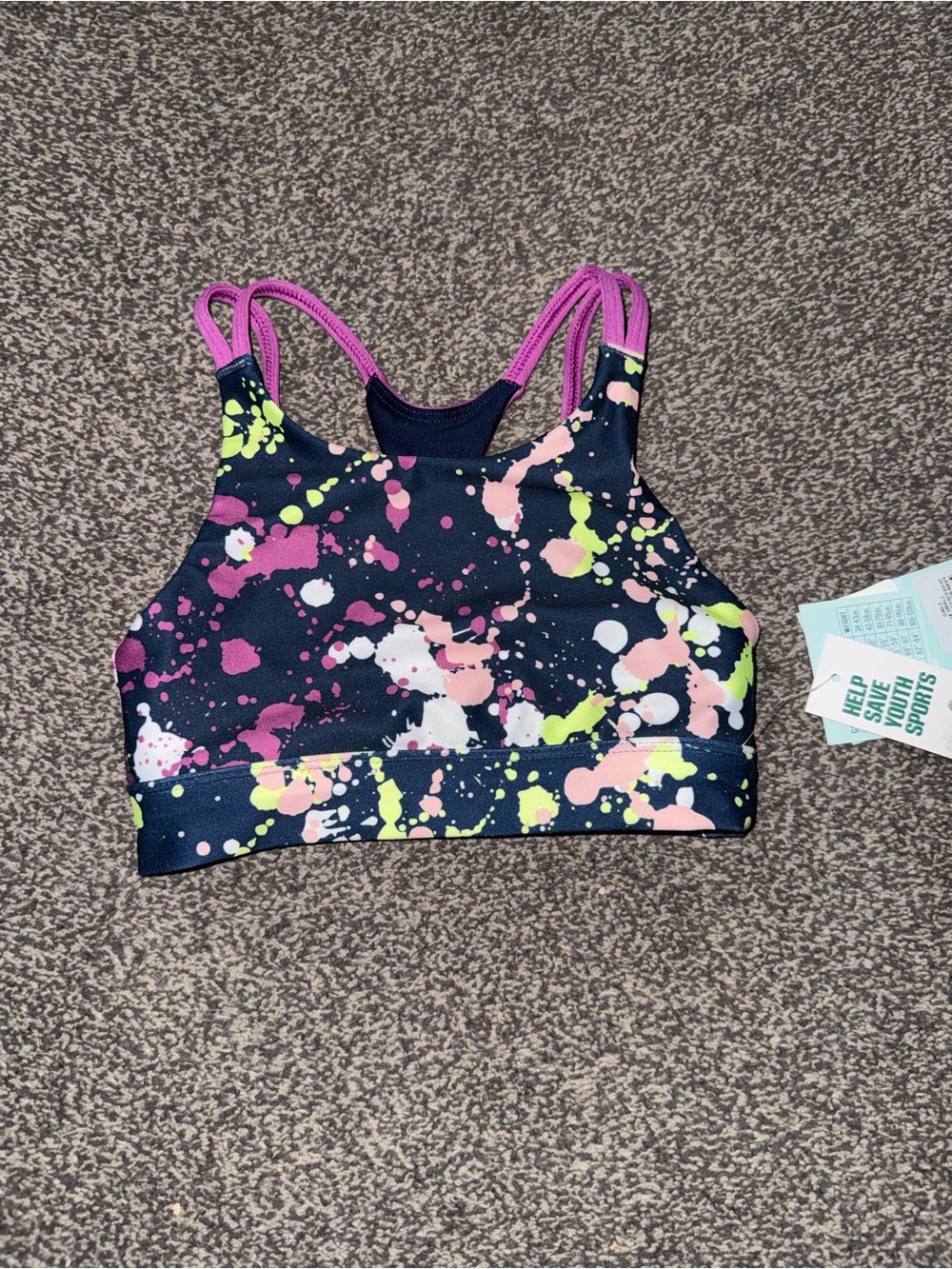 NWT DSG Girls Sports Bra 2XS (4/5) Paint Splatter Athletic Bra Gymnastics